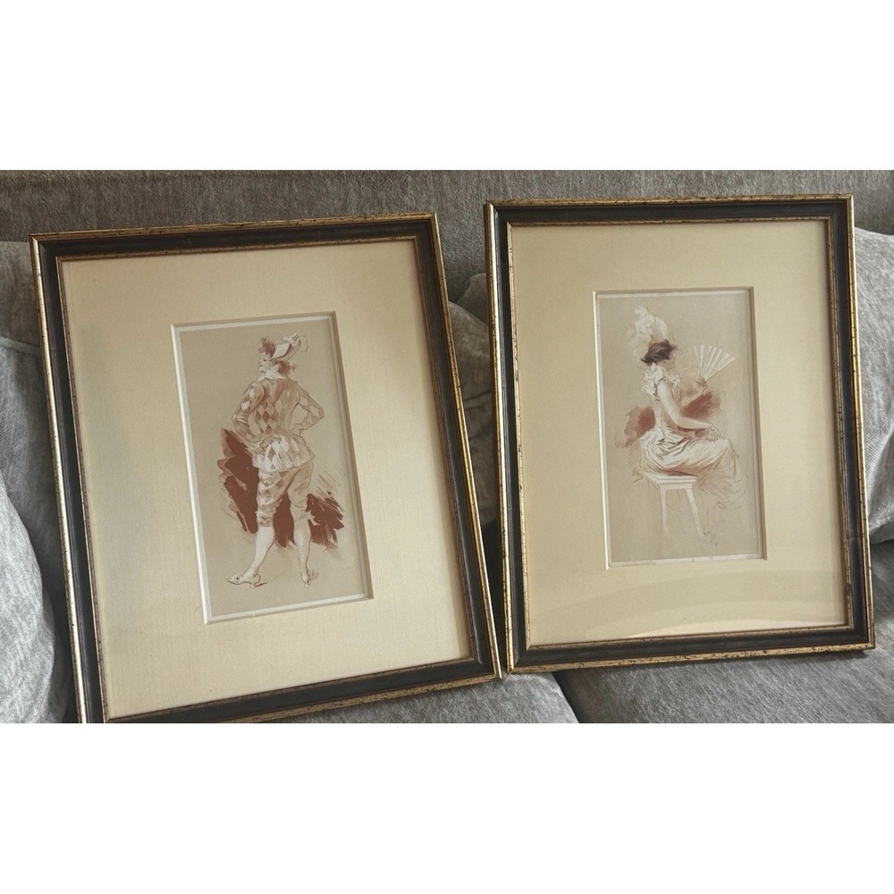 Set of 2 Art Nouveau Color Lithographs Jules Cheret Harlequin & Lady With A Fan